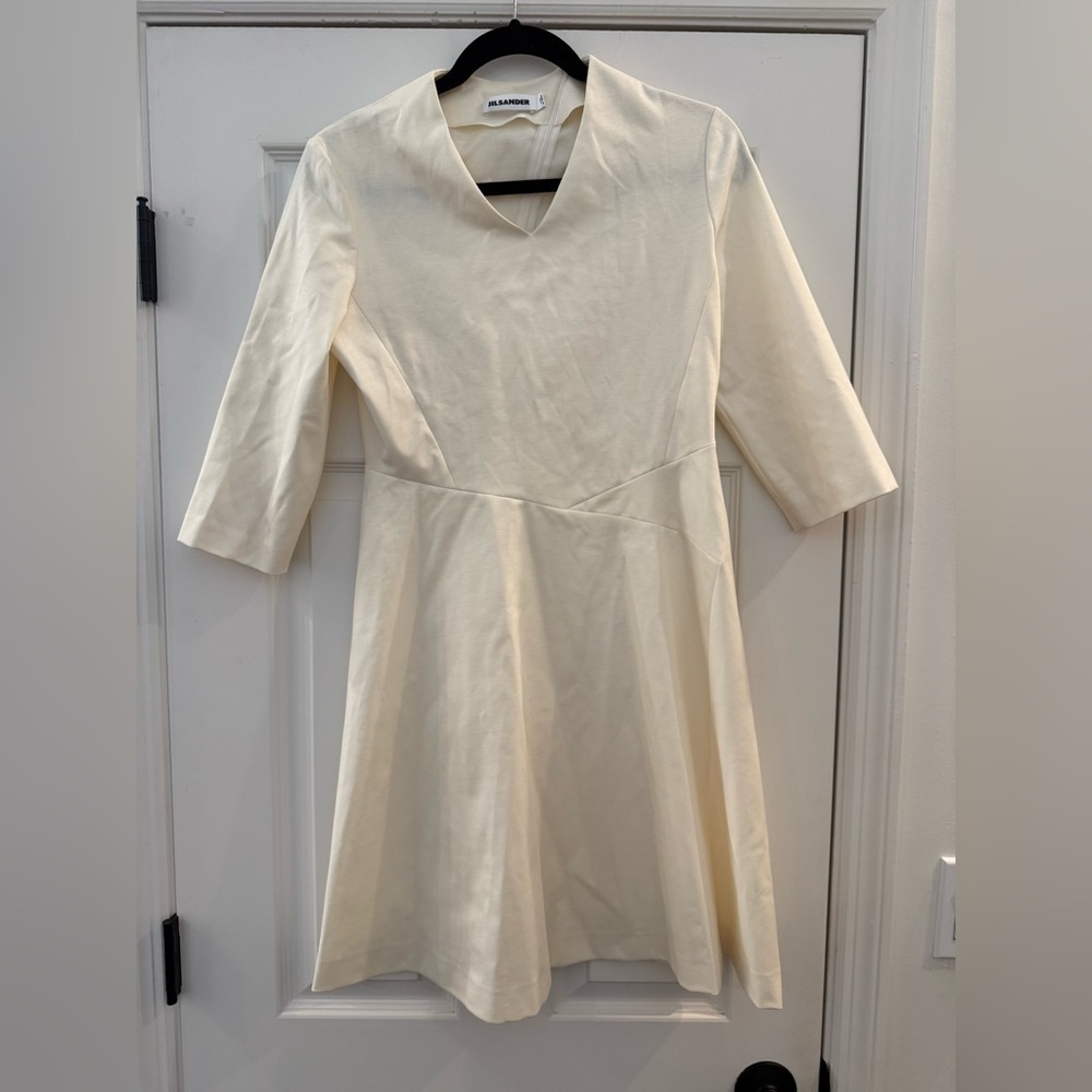 Jil Sander V Neck Knit Long Sleeve Mini Dress Ivory Cream size 38 US 8